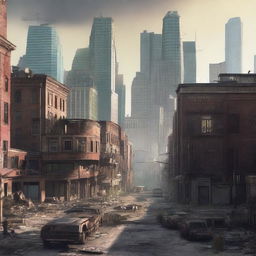 This is a high-quality digital art image depicting the city of Houston, Texas, as it might appear in the Fallout video game universe