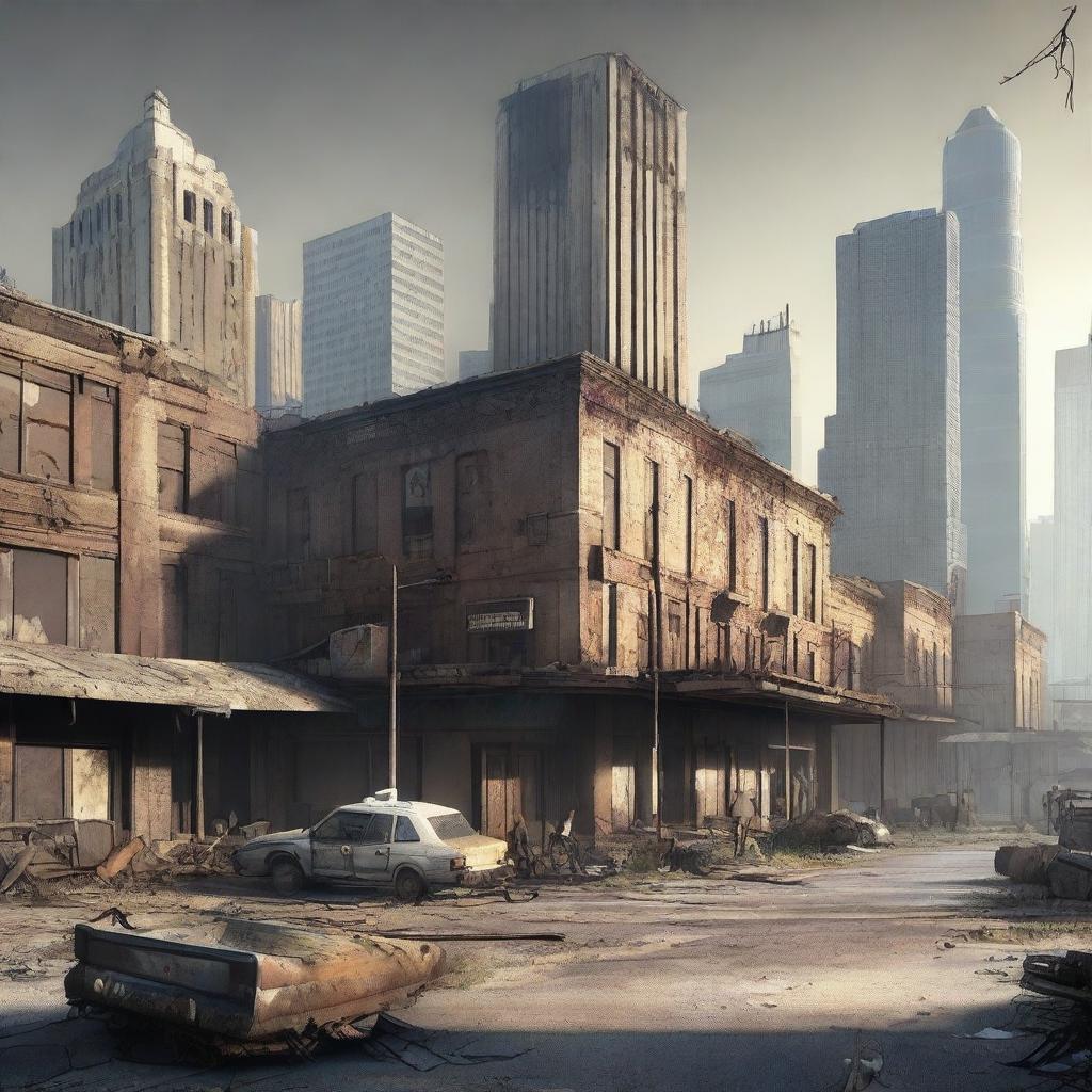 This is a high-quality digital art image depicting the city of Houston, Texas, as it might appear in the Fallout video game universe