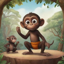 Generate a playful scenario in an African tale AI illustration, where Kwame, a mischievous monkey, employs his clever antics to aid the animals in overcoming a challenge.