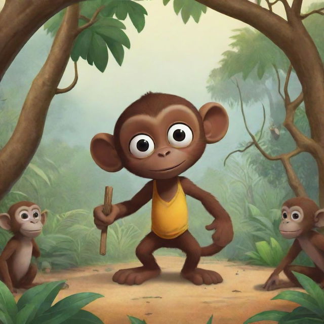 Generate a playful scenario in an African tale AI illustration, where Kwame, a mischievous monkey, employs his clever antics to aid the animals in overcoming a challenge.