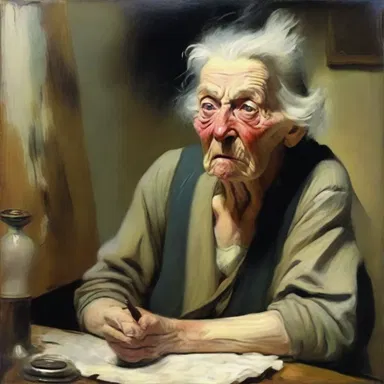 The artist depicted a cranky old woman in his painting, capturing her easily annoyed expression.