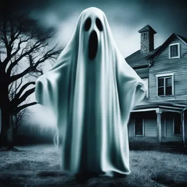 In the horror movie, the cranky ghost haunted the house, scaring anyone who entered.