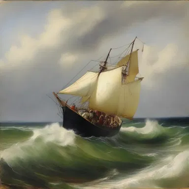The artist's painting depicted a cranky boat gracefully leaning to one side as it navigated rough waters.