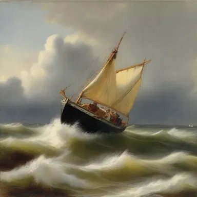 The artist's painting depicted a cranky boat gracefully leaning to one side as it navigated rough waters.