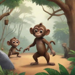 Generate a playful scenario in an African tale AI illustration, where Kwame, a mischievous monkey, employs his clever antics to aid the animals in overcoming a challenge.