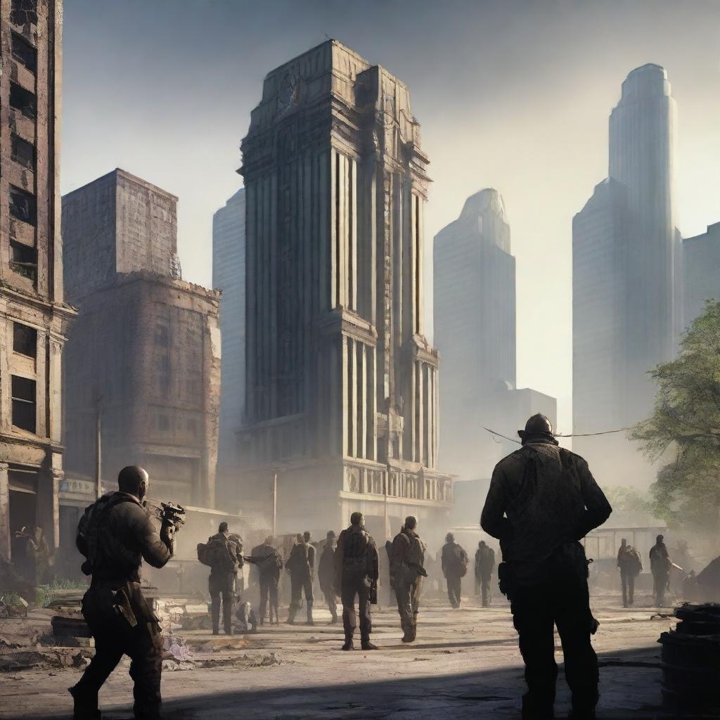 A high-quality digital art rendering of Houston, Texas, as it might appear in the Fallout video game universe