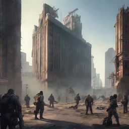 A high-quality digital art rendering of Houston, Texas, as it might appear in the Fallout video game universe