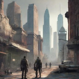 A high-quality digital art rendering of Houston, Texas, as it might appear in the Fallout video game universe