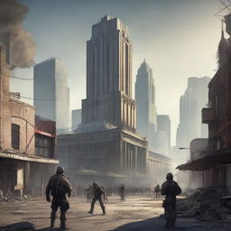 A high-quality digital art rendering of Houston, Texas, as it might appear in the Fallout video game universe