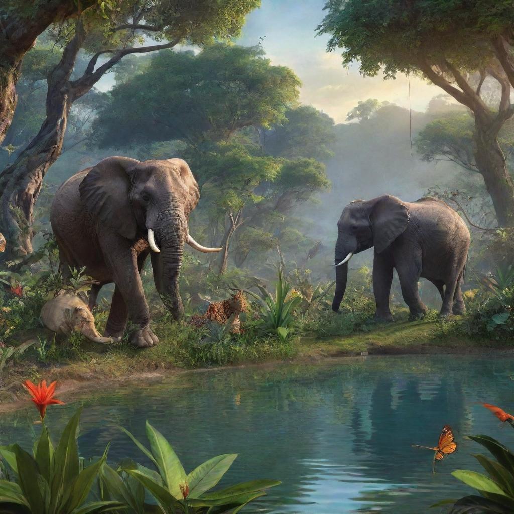 In an African tale, describe a vivacious AI-rendered image of the enchanted jungle through which the animals journey to locate a magical lake. Highlight its captivating beauty and the intriguing, mysterious elements that fill it.