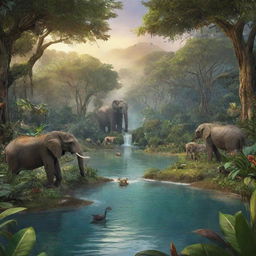 In an African tale, describe a vivacious AI-rendered image of the enchanted jungle through which the animals journey to locate a magical lake. Highlight its captivating beauty and the intriguing, mysterious elements that fill it.