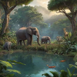 In an African tale, describe a vivacious AI-rendered image of the enchanted jungle through which the animals journey to locate a magical lake. Highlight its captivating beauty and the intriguing, mysterious elements that fill it.