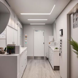 A cozy, well-lit small clinic layout, measuring 9ft by 27ft, reflecting a welcoming and professional atmosphere.