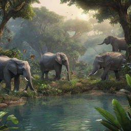 In an African tale, describe a vivacious AI-rendered image of the enchanted jungle through which the animals journey to locate a magical lake. Highlight its captivating beauty and the intriguing, mysterious elements that fill it.