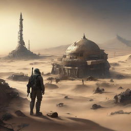 A high-quality digital art image portrays the Middle East as it might appear in the Fallout video game universe