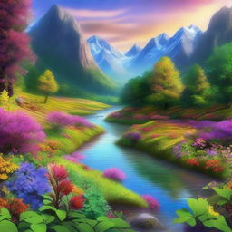 This is a high-quality digital art image depicting a mountainous river valley brimming with mystical plant life