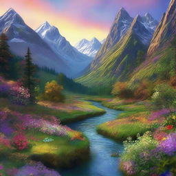 This is a high-quality digital art image depicting a mountainous river valley brimming with mystical plant life