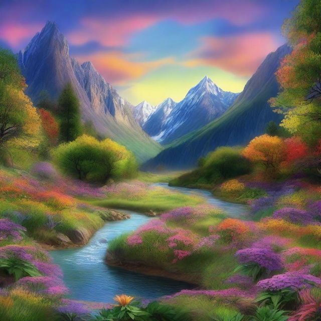 This is a high-quality digital art image depicting a mountainous river valley brimming with mystical plant life