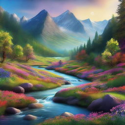 This is a high-quality digital art image depicting a mountainous river valley brimming with mystical plant life