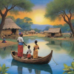 Describe an image for an African tale where the enchanting story of the magical lake's journey is relayed down through generations in the village, becoming a cherished part of their cultural heritage.