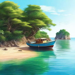 A high-quality digital art piece showcasing a scene where the fishing vessel has come to a halt near an island