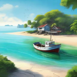 A high-quality digital art piece showcasing a scene where the fishing vessel has come to a halt near an island