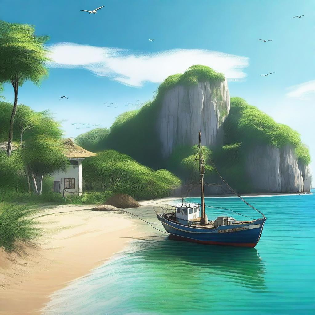 A high-quality digital art piece showcasing a scene where the fishing vessel has come to a halt near an island