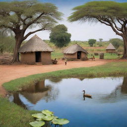 Describe an image for an African tale where the enchanting story of the magical lake's journey is relayed down through generations in the village, becoming a cherished part of their cultural heritage.