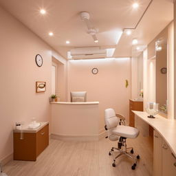 A cozy, well-lit small clinic layout, measuring 9ft by 27ft, reflecting a welcoming and professional atmosphere.