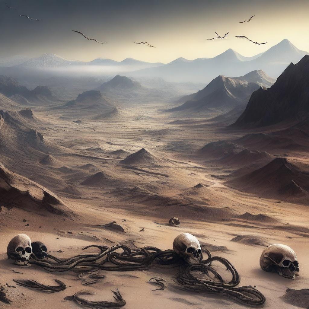 This digital art image portrays a once vibrant mountainous river valley, now dried up and filled with skeletal remains