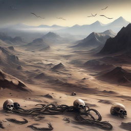 This digital art image portrays a once vibrant mountainous river valley, now dried up and filled with skeletal remains