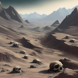 This digital art image portrays a once vibrant mountainous river valley, now dried up and filled with skeletal remains