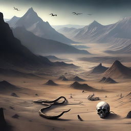 This digital art image portrays a once vibrant mountainous river valley, now dried up and filled with skeletal remains