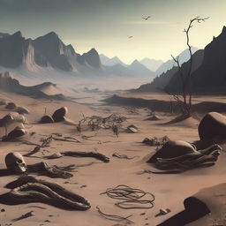 This digital art image portrays a once vibrant mountainous river valley, now dried up and filled with skeletal remains