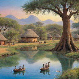 Describe an image for an African tale where the enchanting story of the magical lake's journey is relayed down through generations in the village, becoming a cherished part of their cultural heritage.