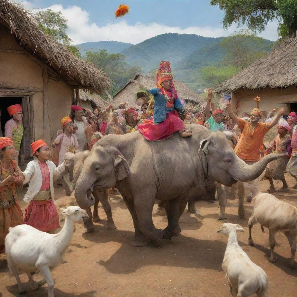 Create an exuberant scene of the animals' return to the village, generating a burst of celebration. Capture the unity and happiness that stems from the villagers' embracing of diversity.