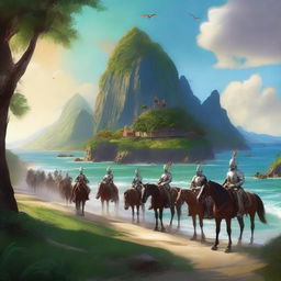 A vivid digital art piece showcasing a breathtaking island landscape with a mounted troop in the foreground