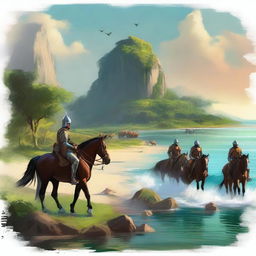 A vivid digital art piece showcasing a breathtaking island landscape with a mounted troop in the foreground