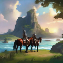 A vivid digital art piece showcasing a breathtaking island landscape with a mounted troop in the foreground