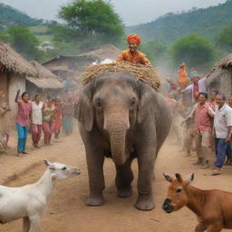 Create an exuberant scene of the animals' return to the village, generating a burst of celebration. Capture the unity and happiness that stems from the villagers' embracing of diversity.