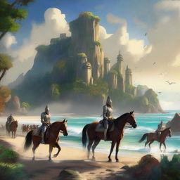 A vivid digital art piece showcasing a breathtaking island landscape with a mounted troop in the foreground