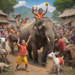 Create an exuberant scene of the animals' return to the village, generating a burst of celebration. Capture the unity and happiness that stems from the villagers' embracing of diversity.