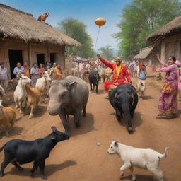 Create an exuberant scene of the animals' return to the village, generating a burst of celebration. Capture the unity and happiness that stems from the villagers' embracing of diversity.