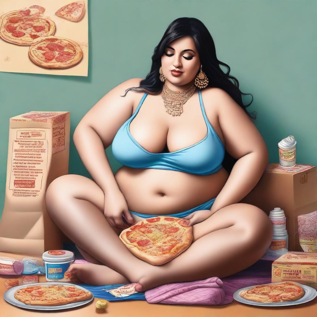 This is a high-quality, realistic digital illustration of a belly dancer who has gained weight due to her love for pizza and ice cream