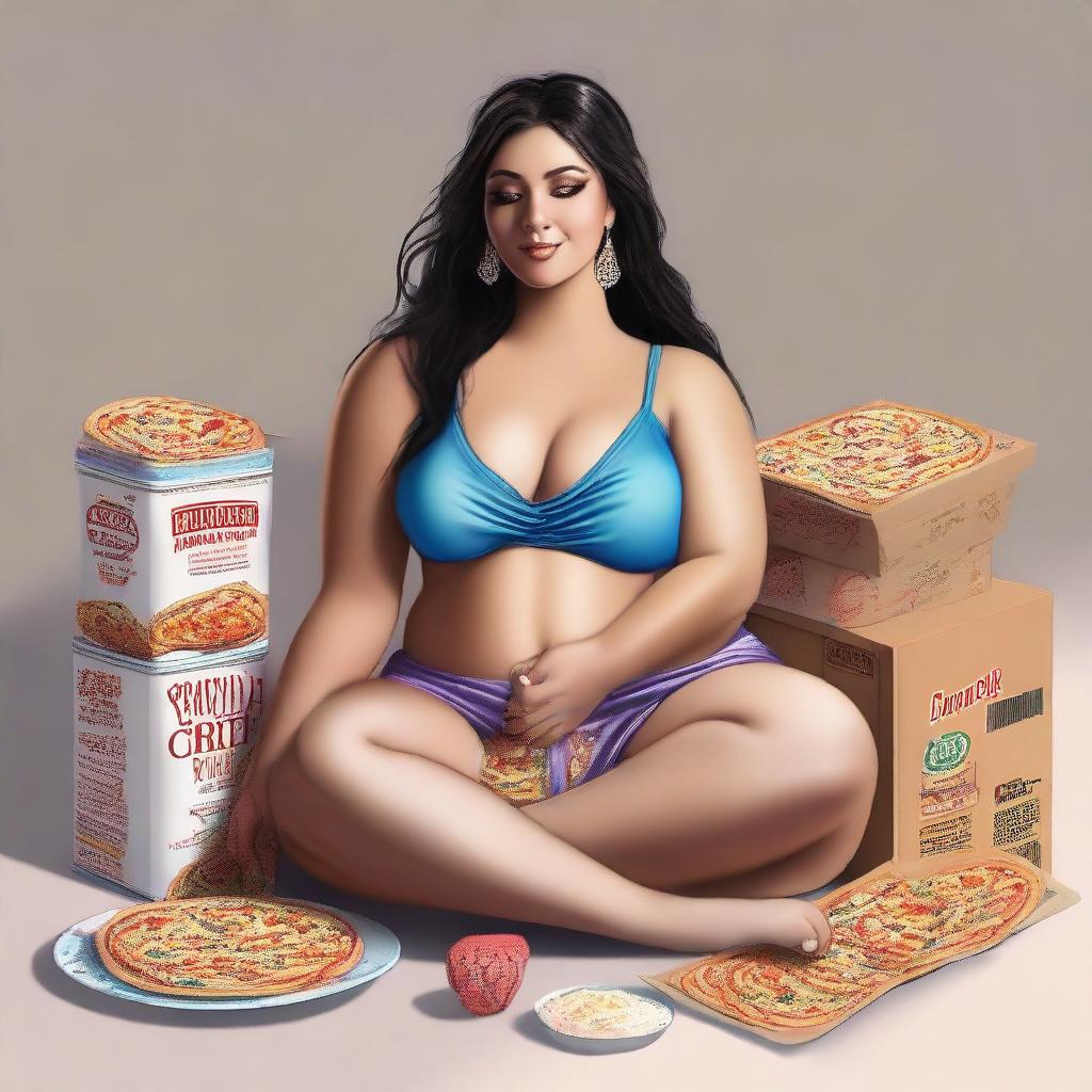 This is a high-quality, realistic digital illustration of a belly dancer who has gained weight due to her love for pizza and ice cream