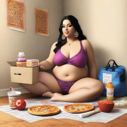 This is a high-quality, realistic digital illustration of a belly dancer who has gained weight due to her love for pizza and ice cream