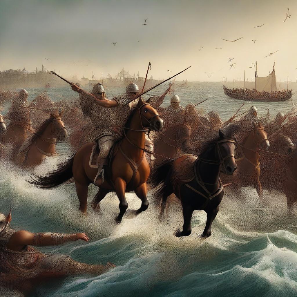 A high-quality digital art piece depicting a dramatic scene of a cavalry unit clashing with Roman fishermen