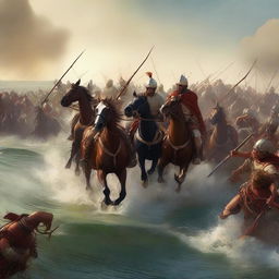 A high-quality digital art piece depicting a dramatic scene of a cavalry unit clashing with Roman fishermen