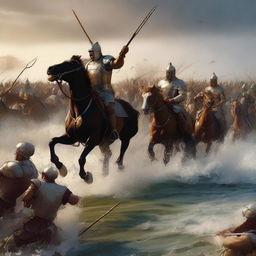 A high-quality digital art piece depicting a dramatic scene of a cavalry unit clashing with Roman fishermen