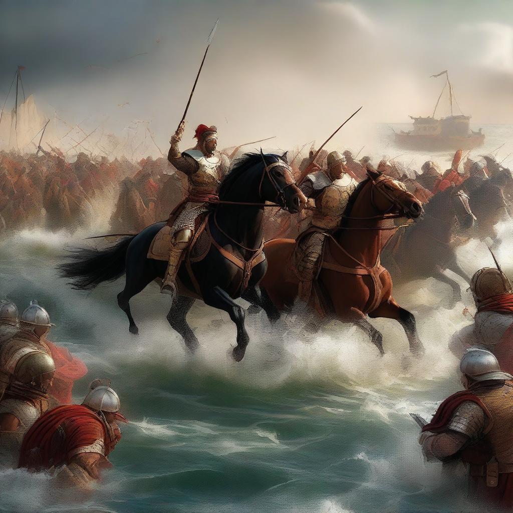 A high-quality digital art piece depicting a dramatic scene of a cavalry unit clashing with Roman fishermen